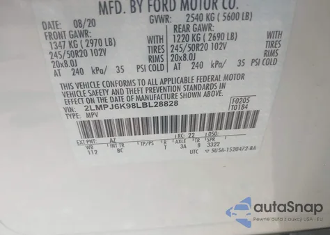 2020 Lincoln Nautilus Reserve z USA, uszkodzony, nr VIN 2LMPJ6K98LBL28828